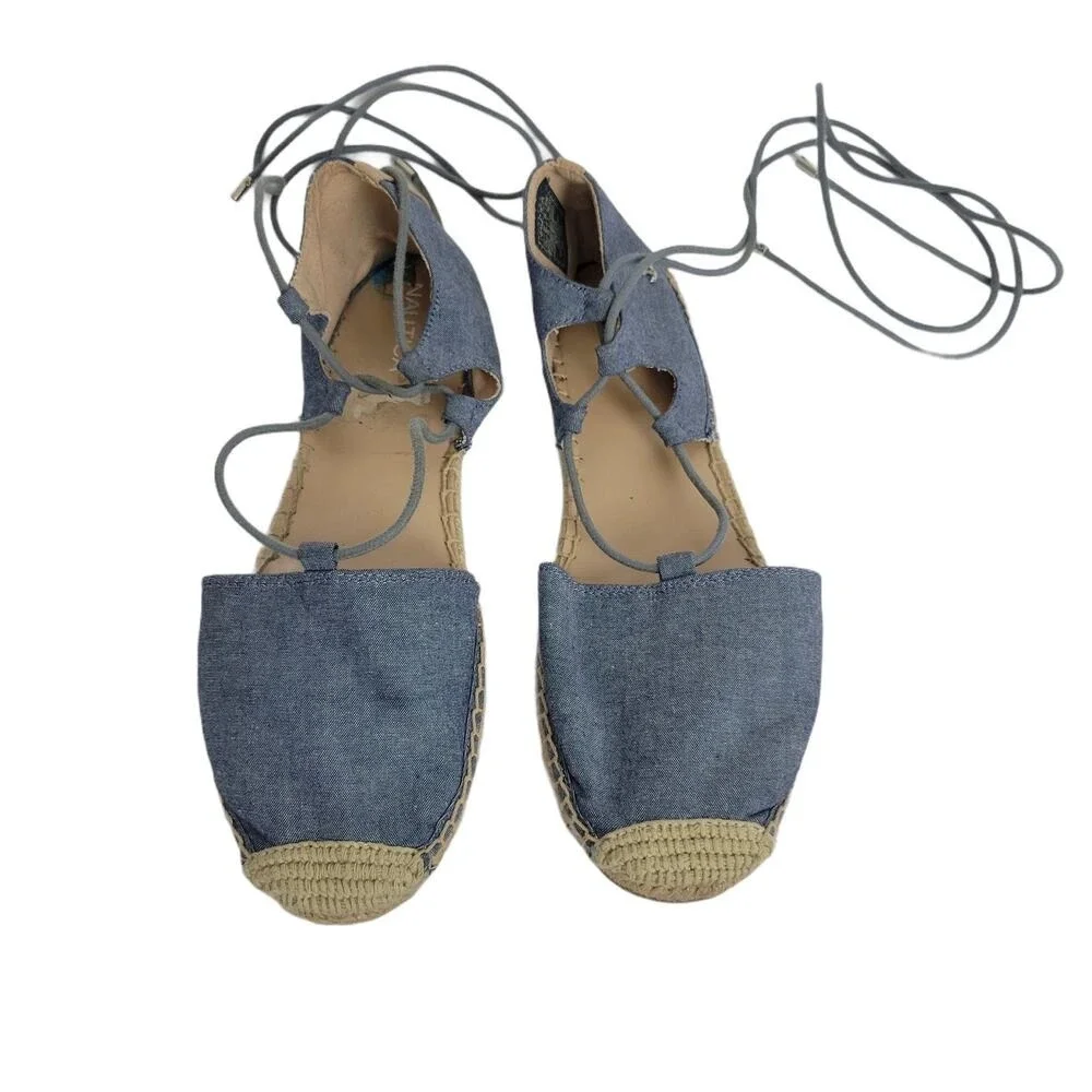 Nautica Women's Chambray Espadrille Flats Lace Up Nautical Anchor Detail Size 10